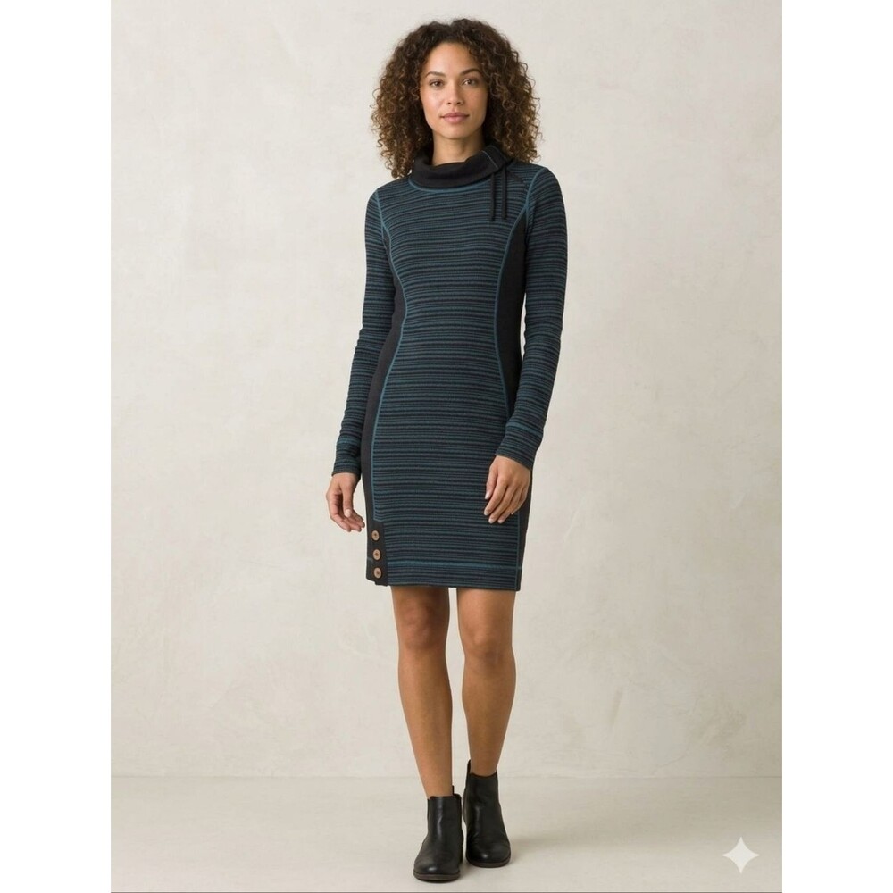 Prana Kelland Striped Mock Cowl Neck Black Teal Long Sleeve Gorpcore Dress-S